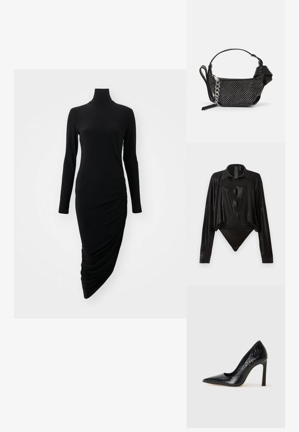 Schwarzes Langarmkleid mit hohem Kragen, das auf einer Seite ein gerafftes Design aufweist und aus einem glatten, dehnbaren Stoff gefertigt ist.; Schwarzer Body mit langen Ärmeln, V-Ausschnitt und figurnaher Silhouette. Hergestellt aus glänzendem, glattem Stoff mit einem strukturierten Kragen und Manschetten.; Schwarzer, spitz zulaufender High Heel mit Krokodilleder-Struktur, elegantem Design, hohem Stiletto-Absatz und glattem schwarzen Innenraum.; Schwarze Handtasche mit Nietenverzierungen, einer Kettenriemen und einem glatten Ledergriff, in runder Form und mit einem Reißverschlussfach.