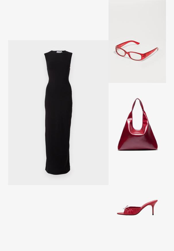 Musta hihaton maxi-mekko, jossa on muotoiltu siluetti. Valmistettu sileästä kankaasta, siinä on pyöreä kaula-aukko ja suora leikkaus helmassa.; Punaiset nahka-avokkaat, joissa on avotukka, koottu ja poimutettu muotoilu sekä koristeellinen nauha. Varustettu korkean kantalukon ja sileän pinnan kanssa.; Punaiset muoviset silmälasit, joissa on suorakulmainen kehys, kirkkaat linssit ja kapeat sango. Merkin logo "even&odd" on kohokuvioitu sankaan.; Punainen kiiltävä nahkakäsilaukku, jossa on kolmiomainen muoto, leveä yläaukko ja yksi kaareva kahva. Tasainen pinta, jossa on minimaalinen ommeltyyli.