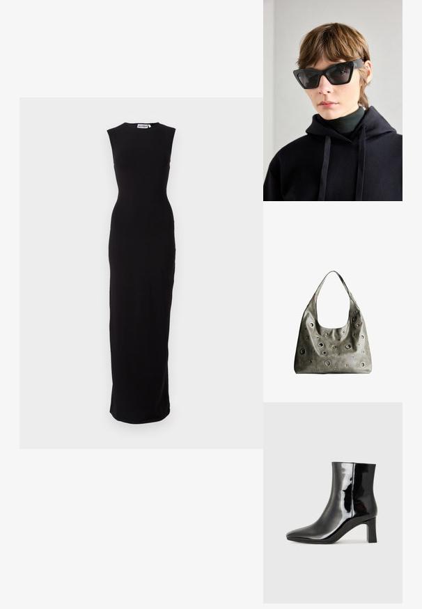 Abito maxi senza maniche nero con silhouette aderente. Realizzato in tessuto morbido, presenta un collo rotondo e un taglio dritto fino all'orlo.; Stivaletto in pelle verniciata nera con punta a punta e tacco a blocco di altezza media. Texture liscia e design minimalista.; Occhiali da sole neri a forma di occhio di gatto con lenti scure, caratterizzati da un design angolare audace. Realizzati in plastica liscia con una finitura lucida e dettagli con logo.; Borsa a tracolla in pelle verde oliva con un design morbido, caratterizzata da tagli circolari di diverse dimensioni e dettagli in tonalità più scure e più chiare.