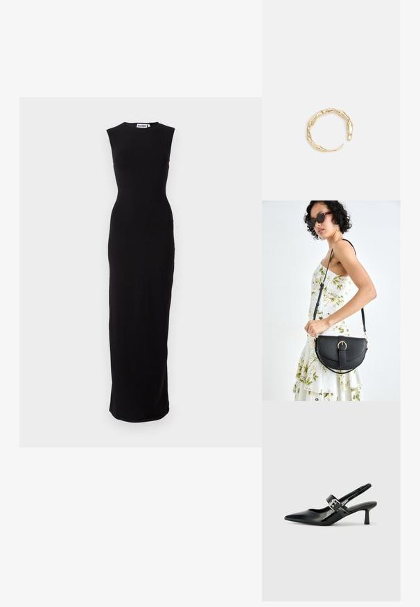 Schwarzes ärmelloses Maxi-Kleid mit figurbetonter Silhouette. Hergestellt aus glattem Stoff, verfügt es über einen runden Ausschnitt und einen geraden Schnitt bis zum Saum.; Schwarze Lackleder Slingback-Absätze mit spitzem Zeh und kleinem Blockabsatz, ausgestattet mit einem silbernen Schnallenakzent am Riemen.; Schwarze Lederhandtasche mit geschwungener Form, abnehmbarem Tragegurt und goldenen Beschlägen. Die Tasche verfügt über einen Deckel mit einer Schnallen-Details.; Goldfarbener Ring mit einem organischen, gedrehten Design, glatter Oberfläche und sich verjüngenden Enden, was ein modernes, skulpturales Erscheinungsbild erzeugt.