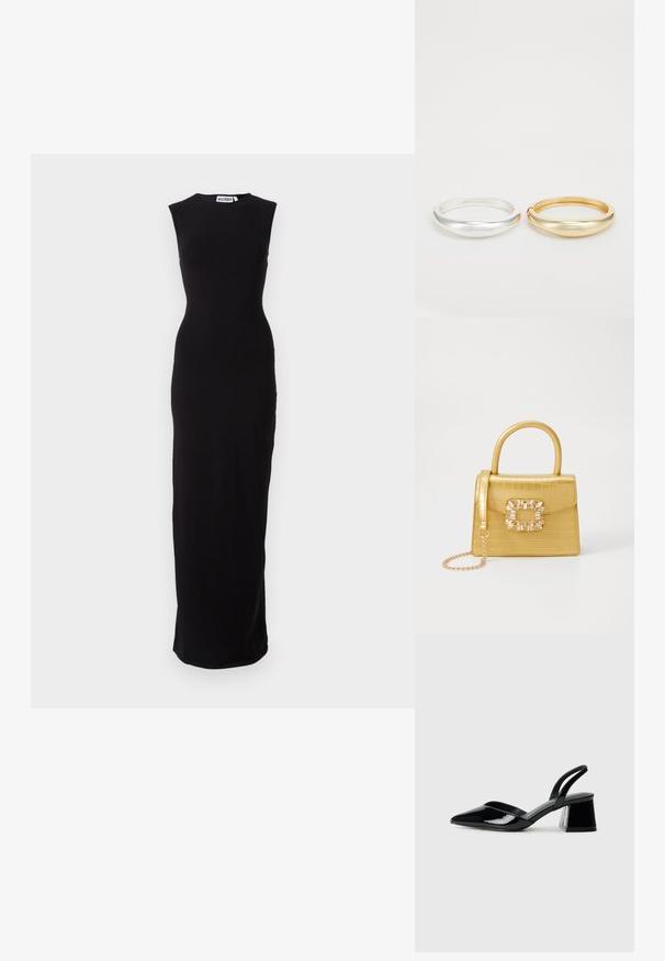 Black sleeveless maxi dress with a fitted silhouette. Made of smooth fabric, it features a round neckline and a straight cut to the hem.; Black patent leather slingback heels with a pointed toe and a geometric block heel. Features a sleek, minimal design and smooth texture.; Yellow faux-crocodile handbag with a structured design, top handle, detachable chain strap, and decorative crystal embellishment on the clasp.; Zign 2 PACK - Bracelet - gold-coloured/silver-coloured