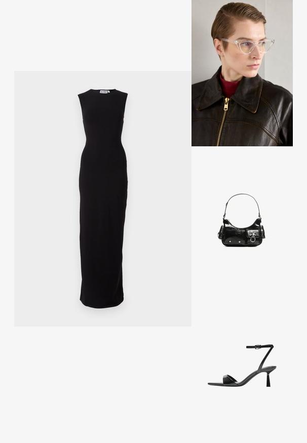 Crna maksi haljina bez rukava s priljubljenom siluetom. Izrađena od glatkog materijala, ima okrugli izrez i ravni kroj do rubova.; Bershka Sandale s visokom petom - black; Prozirne acetatne mačke naočale s žutim staklima, koje nosi osoba u tamnoj kožnoj jakni i crvenom dolčeviti. Glatka tekstura.; Crna patentna kožna torba s zakrivljenim oblikom, jednim remenom za rame, prednjim džepovima i akcentima od srebrnog tona.