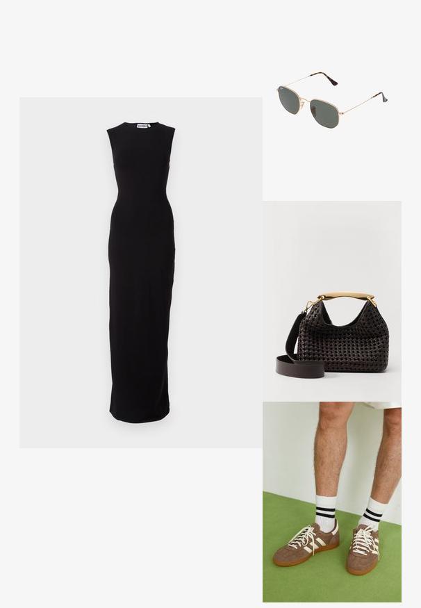 Czarna, bezrękawnikowa sukienka maxi o dopasowanym kroju. Wykonana z gładkiego materiału, ma okrągły dekolt i prosty krój do hemu.; Brązowe zamszowe sneakersy z białymi akcentami i sznurówkami. Gumowa, brązowa podeszwa. Noszone z białymi skarpetkami w czarne paski. Zielona teksturowana podłoga.; Złote okulary przeciwsłoneczne w stylu aviatora z ciemnozielonymi soczewkami, z wąskimi ramionami i akcentami w panterkę na końcach.; Elleme - Torebka
