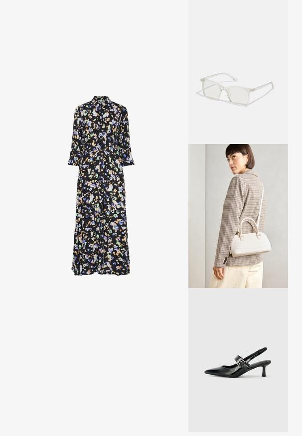 Vestido longo preto com flores, gola tipo colarinho, abertura com botões e mangas três quartos. Apresenta padrões abstratos multicoloridos por todo o vestido.; Saltos slingback em verniz preto com bico pontiagudo e um pequeno salto bloco, apresentando um detalhe de fivela prateada na tira.; Óculos quadrados de plástico transparente com lentes translúcidas, apresentando detalhes em dourado nas hastes.; Bolsa estruturada branca com alças curtas e uma alça de ombro, com detalhes em hardware dourado e material texturizado, exibida contra um fundo cinza.