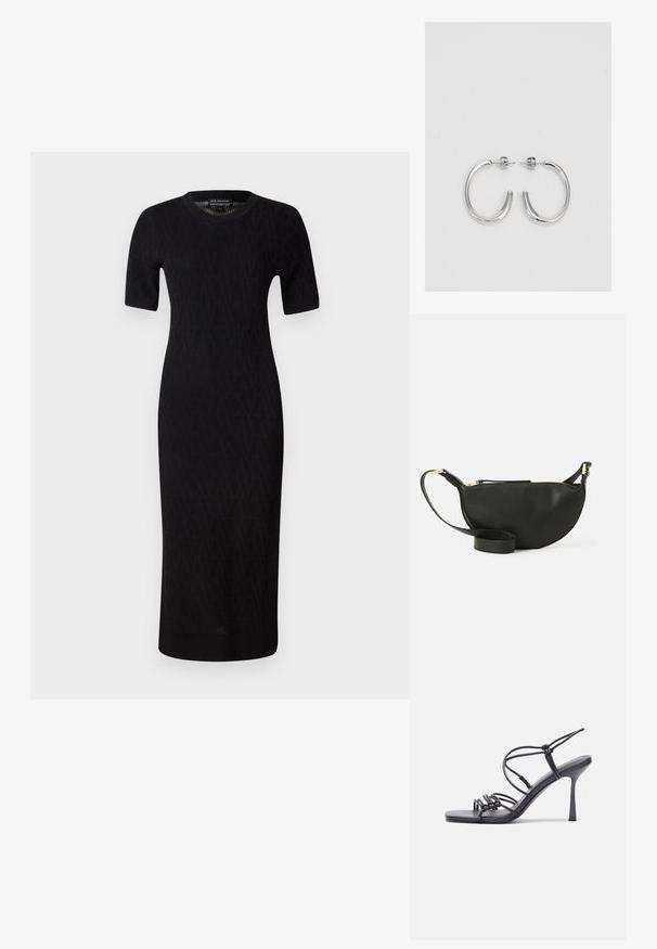 Crna pletena midi haljina s kratkim rukavima, koja ima geometrijski uzorak i okrugli izrez. Glatka tekstura i prianjajuća silueta.; Crne sandale na visokoj potpetici imaju tanke trake s čvorastim dizajnom, glatki kvadratni vrh i elegantnu stiletto petu.; Crna kožna torbica preko tijela u obliku polumjeseca, teksturirana površina, zlatni zatvarač i ravni remen. Kompaktni dizajn prikladan za osnovne stvari.; Srebro naušnice u obliku prstena s glatkom, sjajnom završnom obradom. Zaobljenog oblika, laganog dizajna, s kopčom na poleđini.