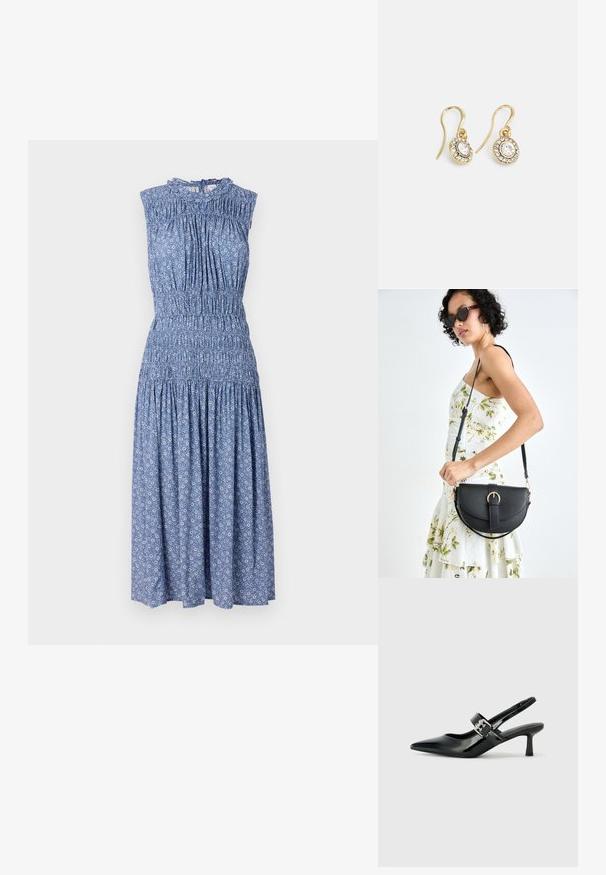 Zila ziedu kleita ar bez piedurknēm, smockētu jostu, plisēta korpusa daļu un plūstošu svārku. Izgatavota no viegla auduma, ar ruffļotu apkakli.; Melnas lakotas ādas sūkņa kurpes ar norādītu purngali un mazu bloku papēdi, ar sudraba sprādzi akcentā uz jostas.; Melnas ādas rokassoma ar izliekta formu, noņemamu siksnu un zelta aksesuāriem. Somai ir vāciņš ar sprādzes detaļu.; Zelta tonī veidotas auskaru piekariņi ar ovālu izgriezumu caurspīdīgām kristālēm, kuras ieskauj mazākas caurspīdīgas akmeņu daļiņas, ar āķveida dizainu drošai valkāšanai.