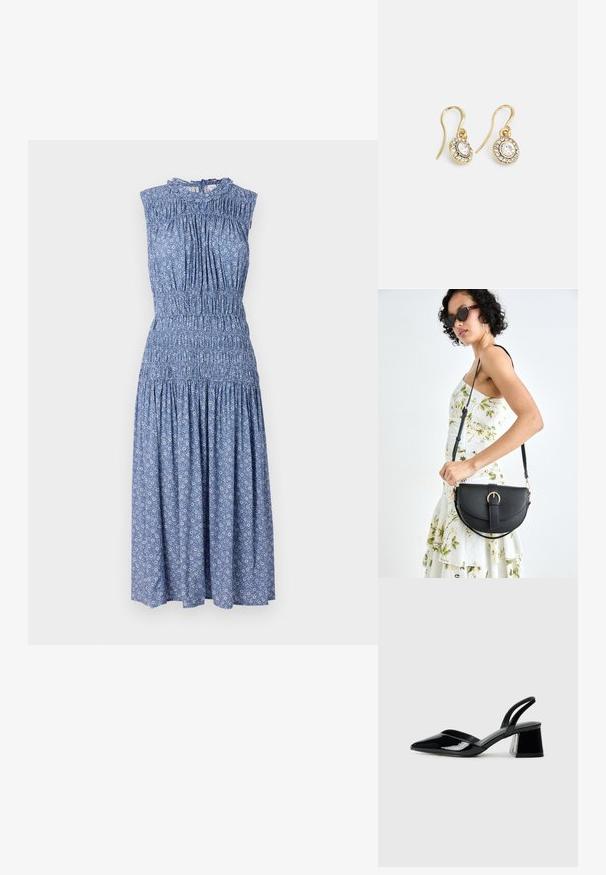 Modra cvetna obleka s brezrokavnim krojem, nabrano pasom, gubanim zgornjim delom in flowing krilom. Narejena iz lahkega materiala, z ruffled izrezom.; Črne lakirane slingback pete s koničastim nosom in geometrijsko blokasto peto. Imajo eleganten, minimalističen dizajn in gladko teksturo.; Črna usnjena torbica s ukrivljeno obliko, z odstranljivo naramnico in zlatimi dodatki. Torbica ima pokrov s podrobnostmi v obliki zaponke.; Zlato obarvani uhani z ovalnimi prozornimi kristali, ki jih obdajajo manjši prozorni kamenčki, s sistemom za oblačenje za varno nošenje.