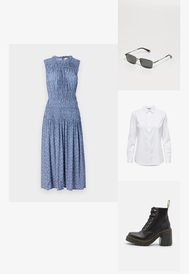 Vestido floral azul con diseño sin mangas, cintura fruncida, cuerpo plisado y falda fluida. Hecho de tela ligera, presenta un escote con volantes.; Camisa blanca de botones con mangas largas, cuello estructurado y dobladillo redondeado. Hecha de una tela lisa y sólida sin patrones ni acentos visibles.; Botín de cuero negro con tacón alto grueso, parte delantera con cordones, ojales de metal y costura amarilla a lo largo de la suela. Suela exterior de goma texturizada.; Polaroid UNISEX - Gafas de sol - matte black
