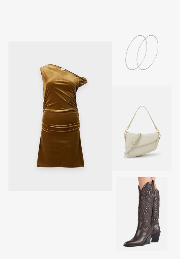 Brūna samta kleita, vienas pleca dizains, ruchēta detaļas viduklī, gluda tekstūra, īsa garuma un pieguļošs siluets.; Brūni ādas kovboju zābaki ar norādītu purngalu un blokveida papēdi, ar detalizētu šūšanu un paceltiem akcentiem uz kājas daļas.; Maza krēmkrāsas rokas soma ar teksturētu apdari, garu regulējamu siksniņu, ķēdes akcentu un vāciņa aizdari. Zelta aparatūras detaļas.; Sudraba gredzenveida auskari ar minimālistisku dizainu. Cirkulāra forma, gluda tekstūra un plāns profils. Vieglu svaru ar spīdīgu apdari.