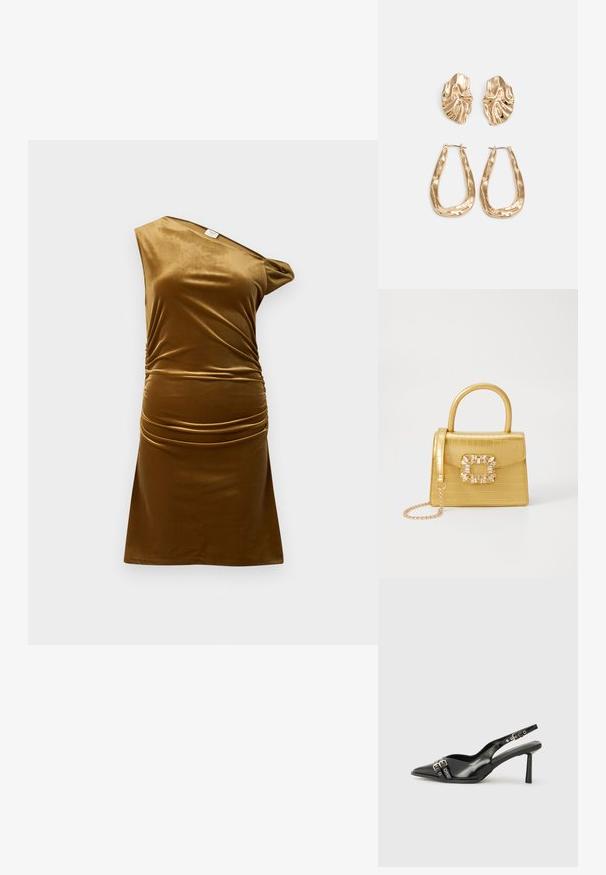 Rochie din catifea maro, design cu un umăr, detalii pliate la talie, textură netedă, lungime scurtă și siluetă ajustată.; Pantofii slingback din piele lăcuită neagră, cu vârf ascuțit, bretele pentru gleznă cu catarame și accesorii din argint, și un toc subțire.; Geantă galbenă din faux-crocodil cu un design structurat, mână superioară, curea detașabilă cu lanț și embellisment decorativ cu cristale pe închidere.; Cercei aurii cu forme texturate și ondulate. Include studs sculpturale cu clip și un design de cerc deschis cu un finisaj cioplit.