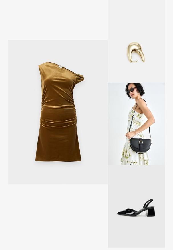 Hnedé zamatové šaty, dizajn s jedným ramenom, nariadenia v oblasti pásu, hladká textúra, krátka dĺžka a priliehavý strih.; Čierne lakované kožené sandálové podpätky s špicatou špičkou a geometrickým blokovým podpätkom. Disponujú elegantným, minimalistickým dizajnom a hladkým povrchom.; Čierna kožená kabelka s zaobleným tvarom, odnímateľným popruhom a zlatými doplnkami. Kabelka má klopu s detailom s prackou.; Náušnice z kovu v zlatej farbe s elegantným, zakriveným dizajnom. Majú charakteristický špicatý tvar, leštený povrch a uzáver na pánt.