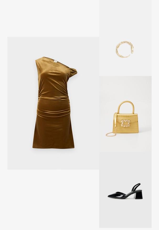 Pruun sametkleit, ühte õlgade disain, volangitud detailid vööl, sile tekstuur, lühike pikkus ja liibuv siluett.; Mustad musta lakknahk kingad, millel on terav varvas ja geomeetriline plokkkonts. Omab elegantselt minimalistlikku disaini ja sujuvat tekstuuri.; Kollane faux-krokodilli käsipindaga kott, millel on struktureeritud disain, ülemine käepide, eemaldatav kettmass ja dekoratiivne kristallkaunistus klambril.; Kuldtoonis sõrmus, millel on orgaaniline, keerdunud disain sileda tekstuuri ja kitsenevate otstega, luues kaasaegse skulptuurilise välimuse.