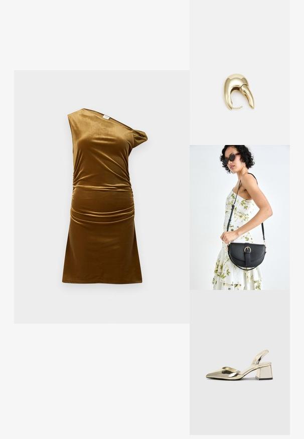 Pruun sametkleit, ühte õlgade disain, volangitud detailid vööl, sile tekstuur, lühike pikkus ja liibuv siluett.; Kuldne, metallilised slingback-kudumid terava varba ja paksu kontsaga. Sile tekstuur, minimalistlik disain ja kitsas rihm.; Mustmust mustraha kõverate joontega, eemaldatava rihmaga ja kuldsete detailidega. Kotil on klapp, millel on pandladetail.; Kuldtooni metallist kõrvarõngas, millel on elegantne ja kaarjas disain. Omab silmapaistvat teravat kuju, poleeritud pinda ja hingesulgemist.