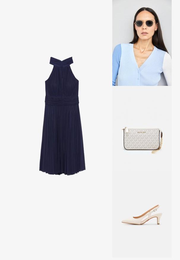 Haljina mornarsko plave boje na halter, s naboranom suknjom i skupljenim korzetom. Ima uvrnuti dekolte i elastičnu struk za udobnost.; Bijela slingback peta s oštrim vrhom, glatkim gornjim materijalom, niskom blok peta te dizajnom s bočnim izrezom i podešivom kopčom.; Ok Runde sunčane naočale s tamnim staklima i zlatnim okvirom. Model nosi svijetloplavi rebrasti kardigan s gumbima i kontrastnim bijelim rukavima.; Michael Kors novčanik na zapešću u bež premazanoj tkanini s ponavljajućim uzorkom MK loga, zlatnim hardverom i odvojivim lancem za nošenje.