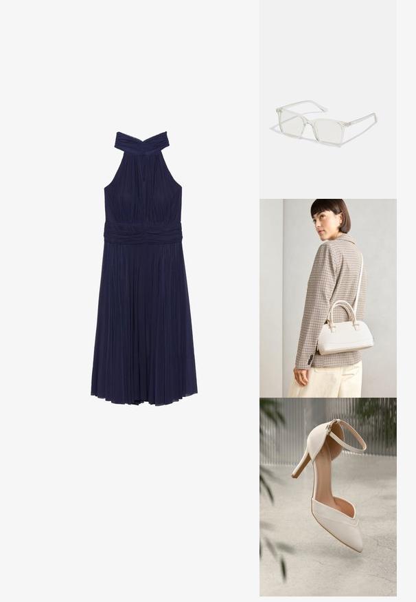 Tamsiai mėlyna halter stiliaus suknelė su klostuota sijonu ir susirinkusia palaidine. Savybėmis yra susuktas iškirpimas ir elastingas liemuo patogumui.; Balti aukštakulniai bateliai iš lygios medžiagos su smailiu pirštu ir kulkšnies dirželiu. Yra šviesiai rudos spalvos vidus ir auksinės spalvos detalės.; Permat nuleidžiai skaidrūs kvadrato formos akinius su permatomais lęšiais, kurie turi auksines detales ant šventyklų.; Balta struktūruota rankinė su trumpomis rankenomis ir peties diržu, su auksinėmis detalėmis ir tekstūruota medžiaga, pastatyta prieš pilką foną.