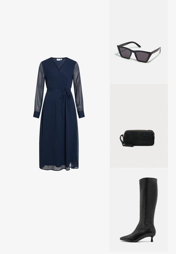 Námornícky modré zavinovacie šaty s hlbokým výstrihom do V, dlhými priesvitnými rukávmi a viazacím opaskom. Obsahujú splývavú sukňu so zloženou textúrou.; Zign Čižmy - black; Čierne, ostré slnečné okuliare so sivými sklami; vyrobené z plastu, majú hrubé ramená s hladkým povrchom a bez viditeľnej mechaniky.; Čierna semišová kabelka na ruku so zipsovým uzáverom a odnímateľným zápästným popruhom. Obsahuje zlaté kovové komponenty a hladký, matný povrch.