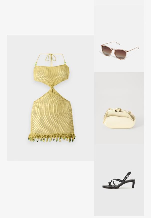 Geltona megzta suknelė su kaklo juostele, turinti sukurtą dizainą, atvirus šonus ir pūkuotą antgalį, puoštą spalvingomis karoliukais.; Juodi šlepetės su kvadratiniu pirštu ir žemu bloku kulnu. Yra keli ploni dirželiai ir reguliuojamas kulkšnies diržas. Pagaminti iš lygios odos.; Rudi gradientiniai saulės akiniai su permatomu rožiniu rėmeliu, kvadratinės formos ir plonomis metalinėmis šakėmis. Yra su apvalintais kraštais ir minimaliais dekoratyviniais elementais.; Metalinis auksinis rankinukas su glotnia, suapvalinta forma, turintis viršutinį mygtuko užsegimą ir mažą grandinėlės dirželį nešiojimui.
