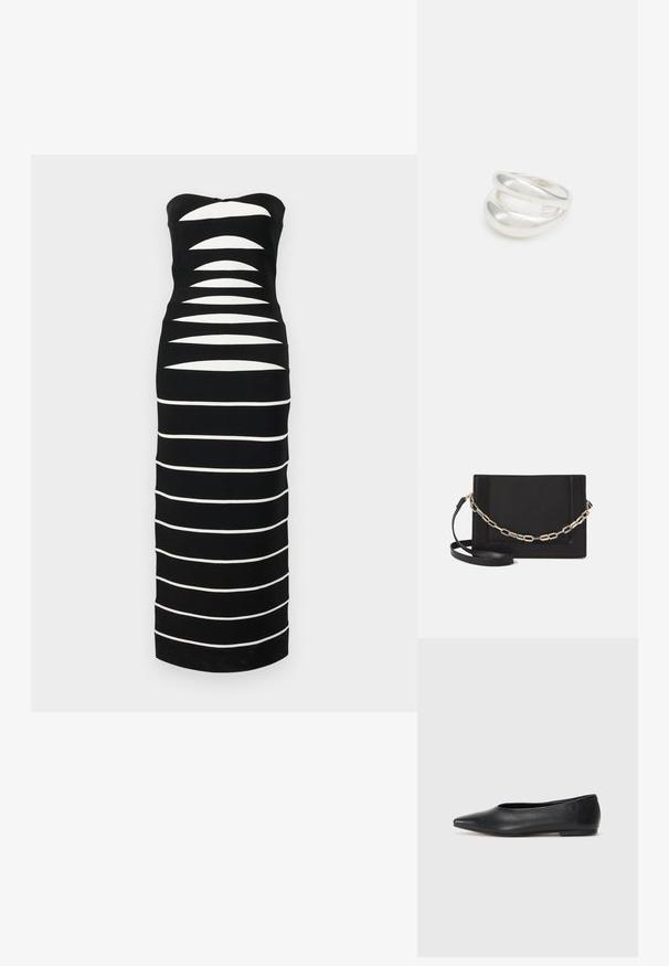 Hervé Léger THE CAMERON GOWN - Svetríkové šaty - black; Čierne kožené baletky, špicatý špička, minimalistický dizajn, hladká textúra, nízky podpätok, bez viditeľných prvkov alebo ozdôb.; Čierna kožená crossbody taška s hladkou textúrou, obdĺžnikovým tvarom a kovovým reťazovým detailom na prednej strane. Súčasťou je nastaviteľný popruh.; Strieborný prsteň s dvojitým pásikom s hladkým, lesklým povrchom. Má plynulý, zakrivený dizajn s prekryvajúcimi sa časťami pre moderný vzhľad.