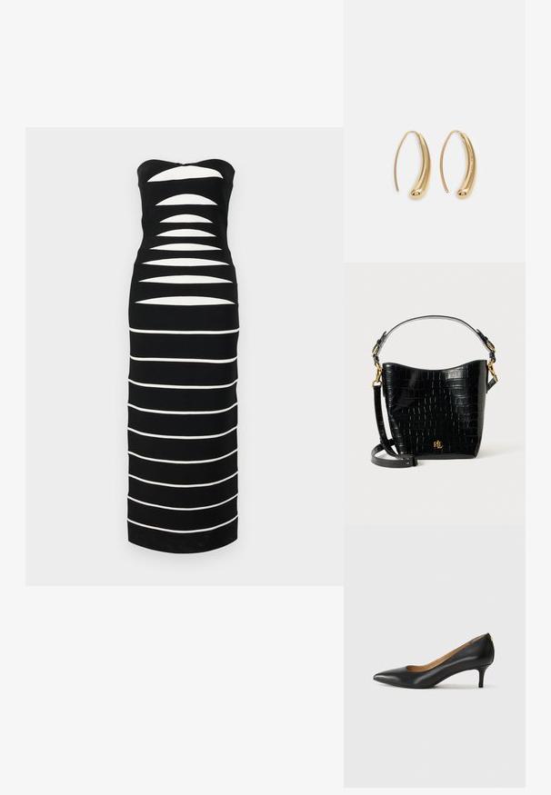 Hervé Léger THE CAMERON GOWN - Rochie tricotată - black; Pantofii din piele neagră au vârful ascuțit, toc mic și o textură netedă. Au o deschidere ușoară în față și un hardware minim în spate.; Geantă din piele cu embossare croc neagră, cu o formă curbată, accente din metal aurit, curea ajustabilă și un detaliu cu logo în față.; Cercei din metal auriu, cu un design curbat și alungit. Au o suprafață netedă și strălucitoare, cu un vârf rotunjit pentru un detaliu suplimentar.