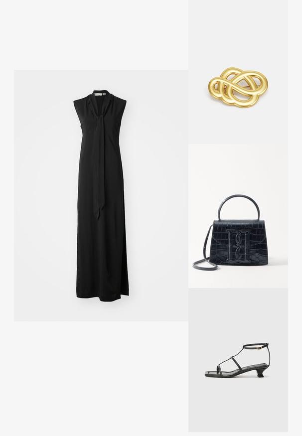 Crna maksi haljina bez rukava s vezanim ovratnikom, letećim materijalom, bočnim prorezom i glatkom teksturom. Jednostavan i elegantan dizajn.; Crne kožne sandale sa kvadratnim vrhom, tankim trakama, podesivom trakicom oko gležnja i niskom petom. Imaju mali zlatni detalj na traci.; Crna torba od krokodilne kože s uzorkom, strukturiranog dizajna, gornjom ručkom, podesivom trakom i istaknutim logotipom sprijeda.; Broš u zlatnoj boji s čvorastim dizajnom, glatkim, zaobljenim linijama i složenim oblikom, koji odražava sjajnu površinu.