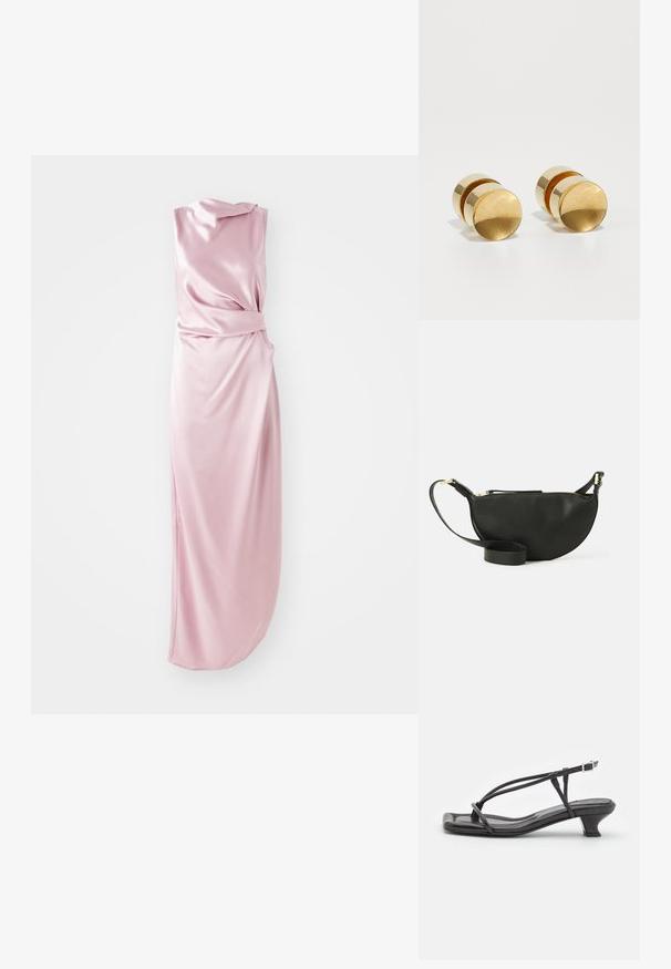 Hedvábný růžový šaty s drapováním, s uzlovým detailem v pase a bočním rozparkem pro lepší pohyb. Hladká textura.; Černé kožené sandály s tenkými pásky, nízkým blokovým podpatkem a čtveratou špičkou. Obsahují přezku a mají hladkou texturu.; Černá kožená taška přes rameno ve tvaru půlměsíce, texturovaný povrch, zlatý zip a plochý popruh. Kompaktní design vhodný pro nezbytnosti.; Zlaté kovové náušnice s jednoduchým kulatým tvarem, mají hladký povrch a centrální leštěný pruh. Průměr je přibližně 1 cm.