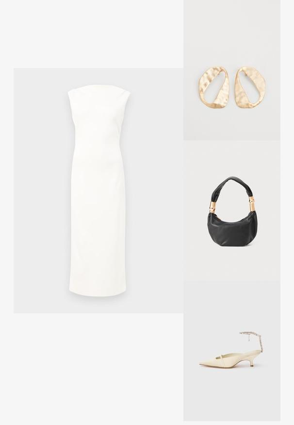White sleeveless dress with a fitted design, knee-length, smooth fabric, and a subtle, high neckline. Minimalist and unadorned style.; Cream pointed-toe slingback heel with thin front strap and jeweled ankle strap on white background.; Black leather handbag with a round shape, soft texture, and a knotted handle featuring gold-tone hardware accents. Zipper closure.; Pair of irregular oval-shaped gold-toned metal earrings with a textured, slightly hammered surface on a white background.