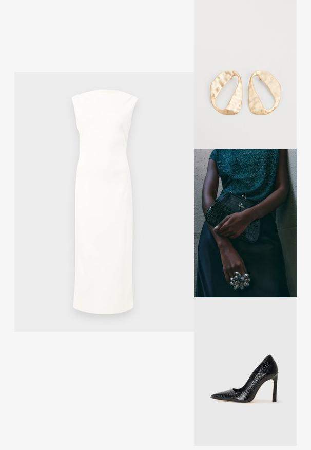 Balta be rankovių suknelė su prigludusia forma, iki kelių, lygaus audinio ir subtiliu, aukštu kaklu. Minimalistinis ir nepaisytas stilius.; Juoda smailiakulnė aukšto kulno bateliai su krokodilo odos tekstūra, pasižymintys elegantišku dizainu, aukštu stiletu kulnu ir lygia juoda vidine dalimi.; Juodas krokodilo odos rašto vakarėlis su sidabriniais aksesuarais, laikomas prieš tekstūruotą pilką foną. Pasižymi blizgiu paviršiumi.; Nedidelis nereguliarus ovalo formos aukso tono metalinių auskarų pora su tekstūruota, šiek tiek kalta paviršiumi ant balto fono.