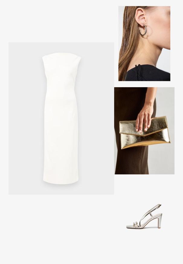 Rochie albă fără mâneci, cu un design ajustat, până la genunchi, dintr-o țesătură fină, cu un gât subtil, înalt. Stil minimalist și neîmpodobit.; Sandalie cu toc înalt, metalice, argintii, cu vârful deschis, având trei bretele subțiri peste picior și o bretea pentru gleznă cu cataramă.; Geantă de mână metalică aurie cu o textură netedă, având un închizător în formă de triunghi. Mâna care o ține are unghii frumos îngrijite.; Cercel din argint cu un finisaj polișat, având detalii mici din aur și o formă rotundă, purtat pe lobul urechii.
