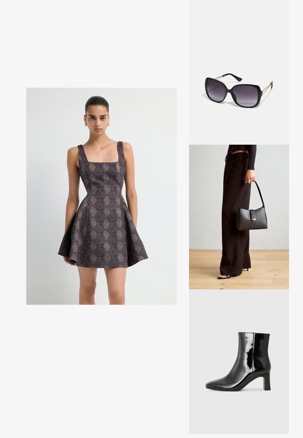 Kvinna som bär en ärmlös, mönstrad, utsvängd miniklänning med fyrkantig halsringning och guldörhängen, som står framför en vit bakgrund.; Svart lackläder ankelboot med spetsig tå och en medelhög klack. Slät textur och minimalistisk design.; Svarta överdimensionerade solglasögon med gradientlinser, tjocka bågar och kedjedetaljer i guldton vid tempelarmarna.; Svart handväska med strukturerad form, slät yta och metallspänne. Matchad med vida svarta byxor och sandaler med öppen tå på trägolv.