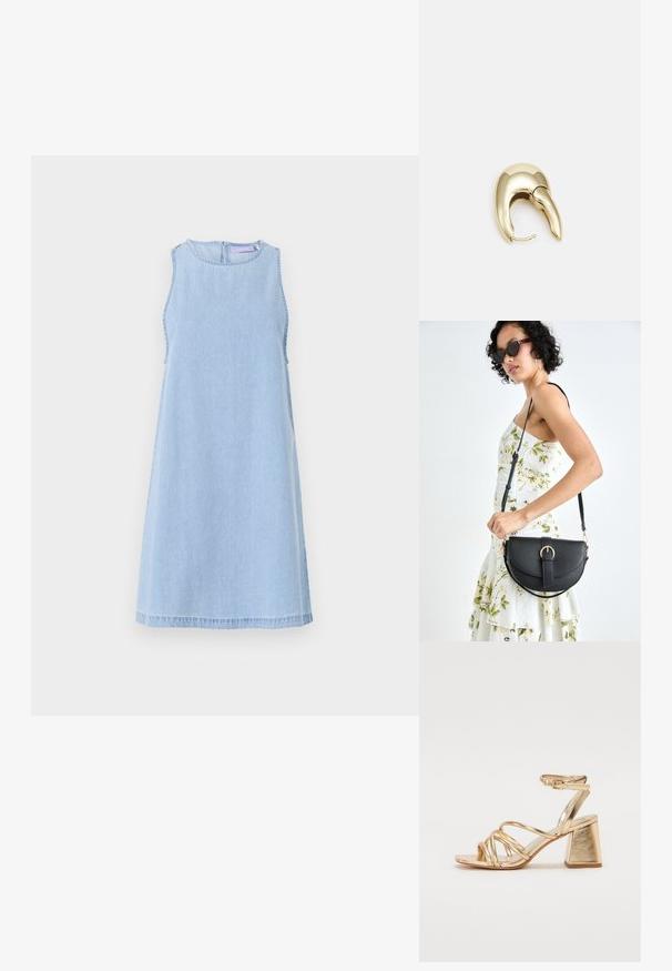Lys blå denim ermløs kjole med rund hals. Har detaljer i sidesømmen og en A-linje silhuett. Glidelås i ryggen.; Gyldne metalliske hæle-sandaler med en strappy design, kvadratisk blokhælhæl og justerbar ankelrem med spænde. Glat tekstur.; Svart lærveske med en buet form, avtagbar stropp og gullbeslag. Vesken har et klaff med spenne-detall.; Gullfarget metalløredobber med et elegant, buet design. Har en karakteristisk spiss form, polert overflate og hengsel-lukking.
