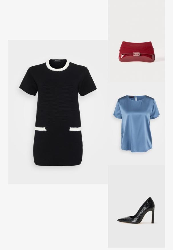 Melnas īsām piedurknēm kleita ar teksturētu audumu, balts frendžs ap kaklu un balti frendži uz priekšējām kabatām.; Zila satīna blūze īsām piedurknēm ar kvadrātveida izgriezumu un aizmugurējo rāvējslēdzēju. Gluda tekstūra un nedaudz brīvs piegriezums.; Melni augstpapēžu apavi ar norādītu purngalu, ar krokodila ādas tekstūru, izceļoties ar elegantu dizainu, augstu stiletto papēdi un gludu melnu interjeru.; Sarkans laka ādas clutch kabatas maisiņš ar izliekta dizaina, locīšanas vāku un metāla logotipa akcentu uz sudraba plāksnes. Gluda, spīdīga tekstūra.