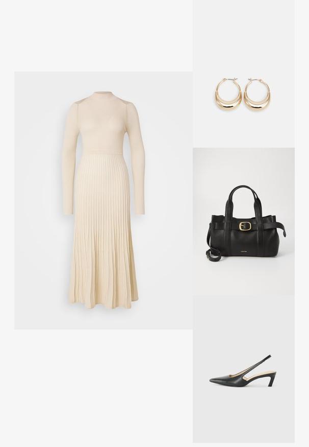 Ilgos rankovės, reljefinė megzta suknelė šviesiai smėlio spalvos, su prilipusių krūtine ir plačiu sijonu, su vertikaliomis klostėmis ir apykaklės dizainu.; Juodas smailus slingback batelis su žemu kulnu, pagamintas iš lygaus odos paviršiaus ir su išpjovomis šone, užtikrinančiomis oro pralaidumą.; Juodas odinis rankinės maišas su struktūrizuotu dizainu, dviem viršutinėmis rankenomis, auksinės spalvos sagtimi ir iškilniu prekės ženklu priekyje.; Auksinės tonacijos auskarai su mėnulio forma, lygus paviršius ir sklendės uždarymas. Lygus tekstūra ir atspindintis finis padidina matomumą.