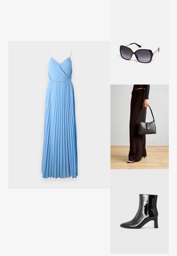 Helles blaues, plissiertes Maxikleid mit verstellbaren Spaghettiträgern und V-Ausschnitt. Hergestellt aus glattem Stoff und zeichnet sich durch elegante, fließende Linien aus.; Schwarzer Lackleder-Stiefelette mit spitzer Zehe und einem mittelhohen Blockabsatz. Glatte Textur und minimalistisches Design.; Schwarze übergroße Sonnenbrille mit getönten Gläsern, dicken Rahmen und goldfarbener Kettendetaillierung an den Bügeln.; Schwarze Handtasche mit strukturierter Form, glatter Textur und einem metallischen Verschluss. Kombiniert mit weiten schwarzen Hosen und offenen Sandalen auf einem Holzboden.