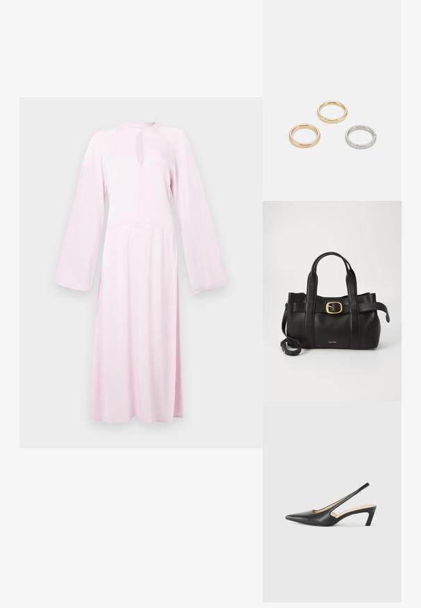 Vestido midi de mangas largas color rosa claro con un cuello alto, corte en forma de llave en la parte delantera y mangas sueltas y fluidas.; Zapato negro de punta afilada tipo slingback con un tacón bajo, que presenta un material de cuero suave y un diseño recortado en el lateral para mayor transpirabilidad.; Bolso de cuero negro con un diseño estructurado, doble mango superior, detalle de hebilla en tono dorado y logo de la marca grabado en la parte frontal.; Tres anillos de metal: uno de oro rosado, uno de oro con acentos texturizados y uno de plata, todos con marcas grabadas en la parte interior.