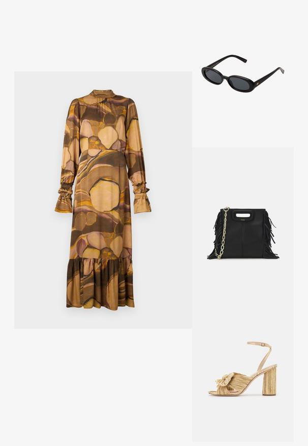 Hosszúujjú ruha puha, kevert anyagokból, barna és bézs absztrakt mintázattal, magas gallérral, fodros mandzsettákkal és fodros hemben.; Arany sarkú szandálok, elől megkötve, pliszírozott textúrával és boka pánttal. A blokksarok bordázott mintázattal rendelkezik, amely javítja a tapadást.; Fekete, oversize napszemüveg ovális lencsékkel, sima műanyag kerettel és arany részletekkel a fülpánton. Sötét lencséi védelmet nyújtanak a napfény ellen.; Fekete bőr kézitáska, frufrus részletekkel, arany láncos vállpánttal és kivágott fogantyúval. Az elülső részen logó található.