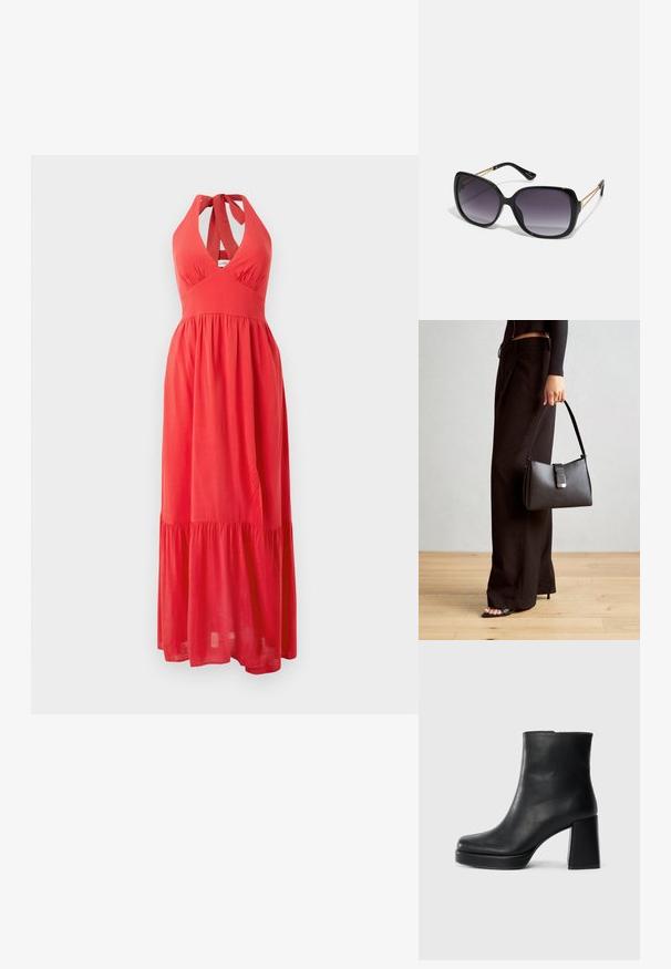Red halter maxi dress with a deep V-neckline, fitted bodice, and flowing tiered skirt. Made from lightweight fabric with a smooth texture.; Black leather ankle boot with a block heel and platform sole, viewed from the side on a plain white background.; Black oversized sunglasses with gradient lenses, thick frames, and gold-tone chain detailing on the temple arms.; Black handbag with structured shape, smooth texture, and a metallic clasp. Paired with wide black pants and open-toe sandals on wooden floor.
