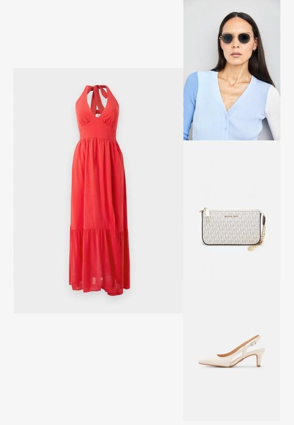 Rochie maxi roșie cu bretele halter, decolteu adânc în V, corset ajustat și fustă fluidă cu volane. Fabricată dintr-un material ușor, cu o textură netedă.; Sandaie cu toc alb, cu vârful ascuțit, material superior neted, toc mic tip bloc și design cu decupaj lateral, cu curea ajustabilă.; Ochelari de soare rotunzi cu lentile întunecate și rame aurii. Modelul poartă un cardigan ribbed de culoare albastru deschis cu nasturi și mâneci albe în contrast.; Clutch Michael Kors din canva acoperit bej, cu un model repetitiv al logo-ului MK, accesorii din aur și o curea cu lanț detașabil.