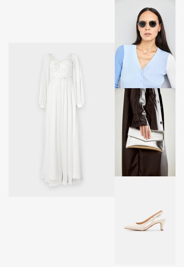 Long white dress featuring a lace bodice with embroidery, puffed long sleeves, and a flowing skirt. Smooth texture and lightweight material.; White slingback heel with a pointed toe, smooth upper material, low block heel, and side cut-out design with adjustable buckle strap.; Round sunglasses with dark lenses and gold frames. The model wears a light blue, ribbed cardigan with buttons and contrast white sleeves.; Silver metallic clutch with an angular envelope design, smooth texture, and contrasting interior color, held in a hand wearing a black coat.