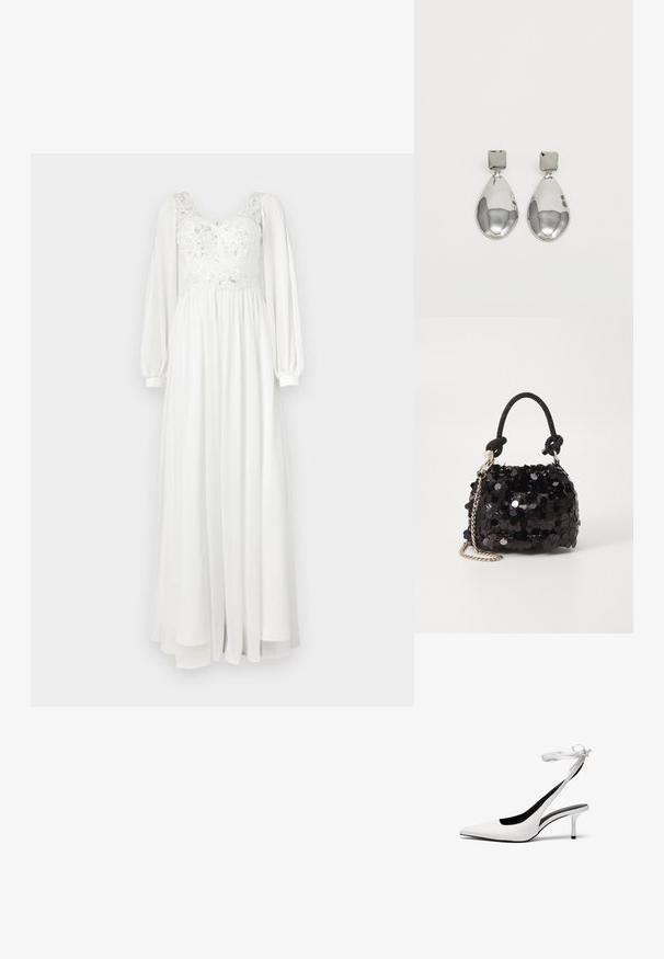Pikk valge kleit, millel on pitsist kehosaade koos tikandiga, volangilised pikad varrukad ja voolav seelik. Sile tekstuur ja kerge materjal.; Valged terava ninaga slingback-kandvad kontsad õhukese pahkluustringiga. Sile nahk, õhuke stilettokonts ja must sisekate.; Must have mustrõngus mustal sädelev mini käekotil on sõlme tekstuuriga rihm ja hõbedane ketis. Ümar kuju, kokku kogutud ülaosa ja peegeldav detail.; Hõbedased ripatsid, millel on ruudukujuline studs, siledat ja poleeritud viimistlust ning pisarakuju, peegeldades valgust läikiva pinnaga.