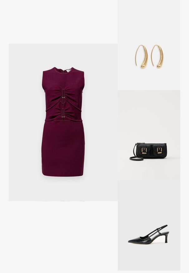 Sovittava hihaton mekko syvän burgundin värissä, jossa on rypytetty yksityiskohta vyötäröllä ja sileä, venyvä kangas. Vetoketju takana.; Musta patent slingback-kiilakorko teräväkärkisellä muotoilulla, jossa on teksturoitu käärmeennahkakuosi, säädettävä remmi ja lyhyt, teksturoitu blokkiheel.; Musta nahkainen olkalaukku, jossa on kaksi etutaskua, kultaiset soljet, vetoketjukiinnitys ja kapea hihna. Teksturoidun pinnan ja kompaktin suorakaiteen muoto.; Korvakorut kultasävytteistä metallista, joissa on kaareva, pitkänomainen muoto. Ominaisuuksiin kuuluu sileä, kiiltävä pinta ja pyöreä kärki lisäyksinä.