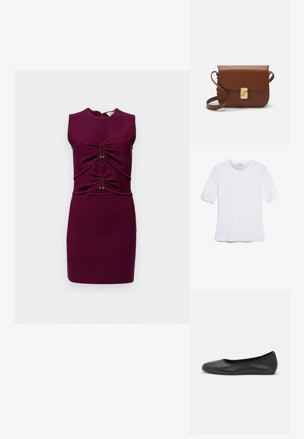 Pielāgots bezpiedurkņu kleita dziļi bordo krāsā, kurai ir ručētas detaļas jostas daļā un gluda, elastīga auduma. Džips aizmugurē.; Balta īsām piedurknēm T-krekls, izgatavots no ribota auduma. Apaļš izgriezums, regulāra piegriezuma un diskrēti šuvumu detaļas. Bez printiem vai grafikām.; Melna ādas baleta kurpe ar noapaļotu purngalu, gludu tekstūru, minimālu šuvju detalizāciju un elastīgu zoles dizainu.; Bordo ādas rokas soma ar atloku, zeltītām detaļām, plecu siksnu un gludu virsmu. Kompakta, taisnstūrveida forma.