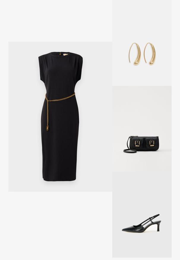 Robe midi noire avec des manches courtes, un col rond, des détails plissés et une ceinture en chaîne dorée, fabriquée en tissu lisse.; Escarpin slingback en vernis noir avec un bout pointu, présentant un imprimé serpent texturé, une sangle réglable et un petit talon bloc texturé.; Sac en cuir noir porté en travers avec deux poches avant, boucles dorées, fermeture zippée et une sangle fine. Surface texturée et forme rectangulaire compacte.; Boucles d'oreilles en métal doré en forme d'anneau, avec une forme courbée et allongée. Elles présentent une surface lisse et brillante avec une pointe arrondie pour un détail supplémentaire.