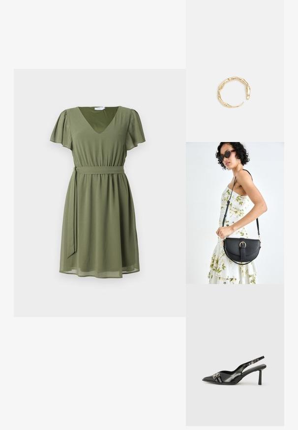 Olivno zelena obleka, kratki prožni rokavi, V-izrez, zategnjen pas s usklajenem pasom, padajoča krila, gladka tekstura, minimalni detajli.; Črne patentne usnjene sandale s koničastim nosom, zankami okoli gležnja s srebrnimi sponkami in opremo ter vitkimi petami.; Črna usnjena torbica s ukrivljeno obliko, z odstranljivo naramnico in zlatimi dodatki. Torbica ima pokrov s podrobnostmi v obliki zaponke.; Zlati prstan s organskim, zvitim dizajnom, gladko površino in taperiranimi konci, ki ustvarja modernega, skulpturalnega videza.