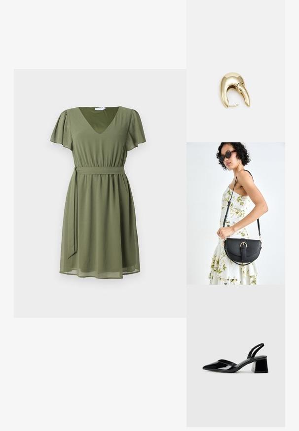 Olivovo zelené šaty, krátke riasené rukávy, výstrih do V, zúžený pás s ladeným opaskom, splývavá sukňa, hladká textúra, minimálne zdobenie.; Čierne lakované kožené sandálové podpätky s špicatou špičkou a geometrickým blokovým podpätkom. Disponujú elegantným, minimalistickým dizajnom a hladkým povrchom.; Čierna kožená kabelka s zaobleným tvarom, odnímateľným popruhom a zlatými doplnkami. Kabelka má klopu s detailom s prackou.; Náušnice z kovu v zlatej farbe s elegantným, zakriveným dizajnom. Majú charakteristický špicatý tvar, leštený povrch a uzáver na pánt.