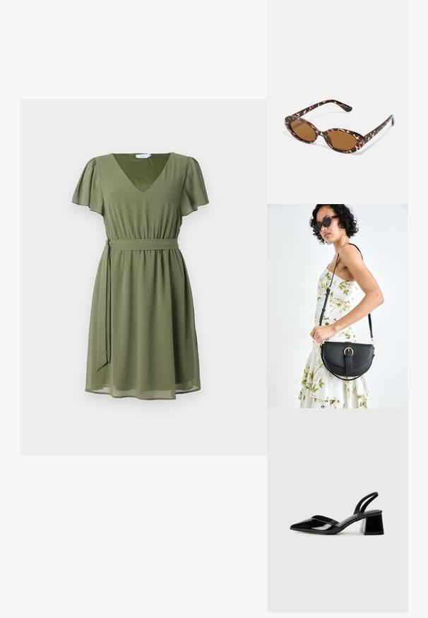 Olive spalvos suknelė, trumpomis plazdančiomis.rankovėmis, V formos iškirpte, aptempta talija su atitinkančia juosta, srauni sijonas, lygi tekstūra, minimalus dekoravimas.; Juodos lakuotos odinės šlepetės su smailiu pirštu ir geometriniu bloko kulnu. Turi elegantišką, minimalistinį dizainą ir lygų paviršių.; Kaktašiai akiniai nuo saulės su ovaliais objektyvais, rudi, ploni laikikliai su tekstūruotu raštu, lengvas plastikinis rėmas.; Juodas odinis krepšys su išlenkta forma, nuimamu dirželiu ir auksiniais detalėmis. Krepšys turi kilpą su sagtimi.