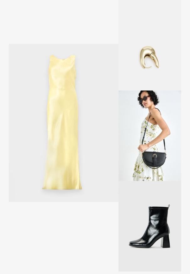 Satin dzeltena vakara kleita ar bezmugura dizainu, apaļu kakla izgriezumu un piegulošu siluetu, izceļot gludu, spīdīgu tekstūru.; Melna lakota potīte līdz potītei ar kvadrātu purngalu un masīvu ģeometrisku papēdi. Tam ir gluda, spīdīga tekstūra un aizmugurējais cilpiņu elements, kas nodrošina ērtu uzvilkšanu.; Melnas ādas rokassoma ar izliekta formu, noņemamu siksnu un zelta aksesuāriem. Somai ir vāciņš ar sprādzes detaļu.; Zeltīti metāla auskari ar gludu, izliekta dizaina. Ar atšķirīgu smailu formu, pulētu virsmu un eņģu aizdari.