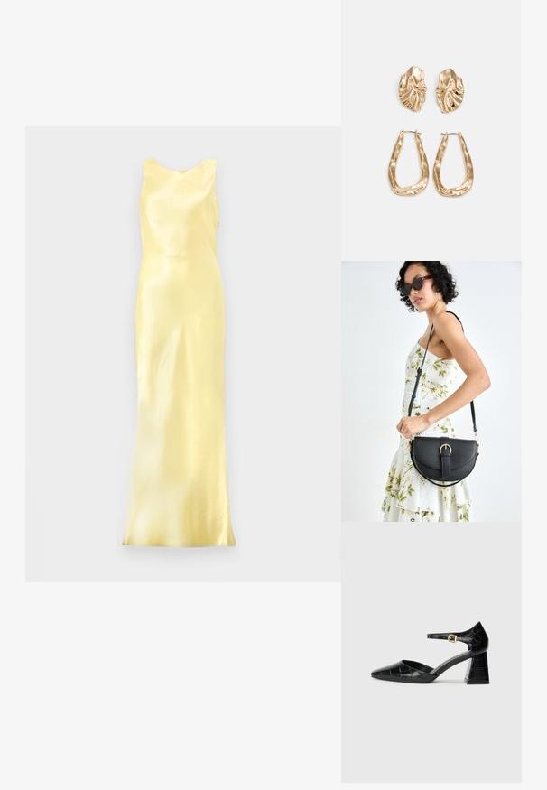 Satiinist kollane õhtukleit ilma varrukateta, ümar kaelus ja kehasse sobiv siluett, mis näitab siledat ja läikivat tekstuuri.; Must musta mustad kõrge kontsaga king, millel on terav nina, pahkluu rihm ja tekstureeritud krokodillimuster. Ruudukujuline ploki konts.; Mustmust mustraha kõverate joontega, eemaldatava rihmaga ja kuldsete detailidega. Kotil on klapp, millel on pandladetail.; Kuldse värvi kõrvarõngad, mis on kaunistatud tekstuursete ja laineliste kujunditega. Komplektis on skulpturaalsed klamber kõrvarõngad ja avatud rõngasdisain, millel on lõhestatud viimistlus.