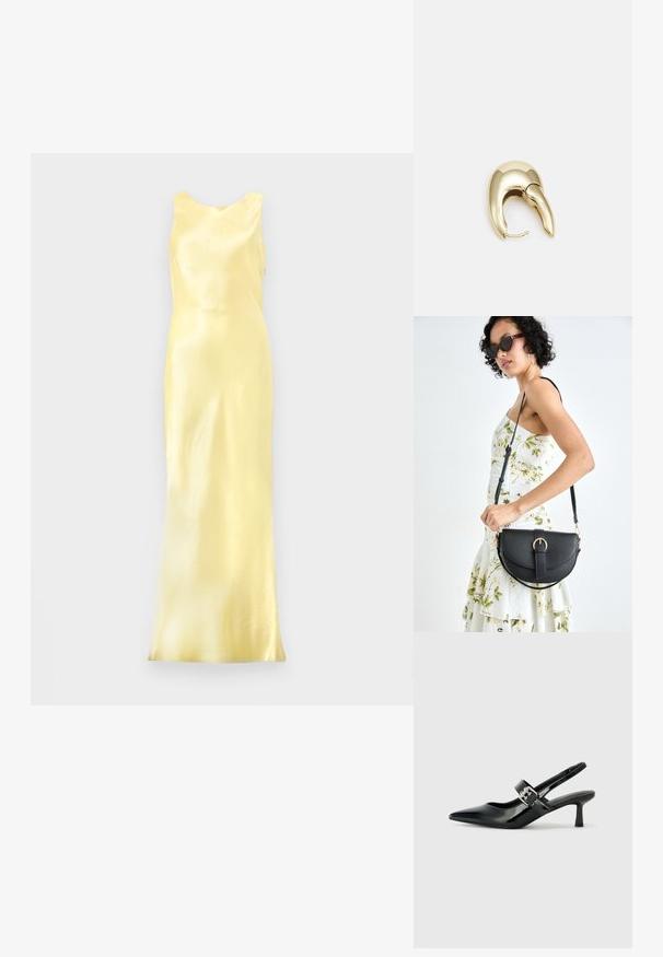 Satiinist kollane õhtukleit ilma varrukateta, ümar kaelus ja kehasse sobiv siluett, mis näitab siledat ja läikivat tekstuuri.; Mustad patenteeritud nahast sildiga kontsad, millel on terav nina ja väike plokk-konts, mille rihmal on hõbedane pandla aksessuaar.; Mustmust mustraha kõverate joontega, eemaldatava rihmaga ja kuldsete detailidega. Kotil on klapp, millel on pandladetail.; Kuldtooni metallist kõrvarõngas, millel on elegantne ja kaarjas disain. Omab silmapaistvat teravat kuju, poleeritud pinda ja hingesulgemist.