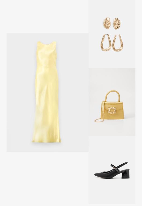 Vestido de noche satinados de color amarillo, con diseño sin mangas, escote redondeado y silueta ajustada, que muestra una textura suave y brillante.; Tacones slingback de charol negro con punta afilada, un diseño de corte redondeado y tacón bloque. Incluye un detalle de hebilla en tono dorado.; Bolso de mano de imitación cocodrilo amarillo con un diseño estructurado, asa superior, correa de cadena desmontable y embellecimiento de cristal decorativo en el cierre.; Pendientes en tono dorado que presentan formas texturizadas y onduladas. Incluyen aros de clip esculturales y un diseño de aro abierto con un acabado martillado.