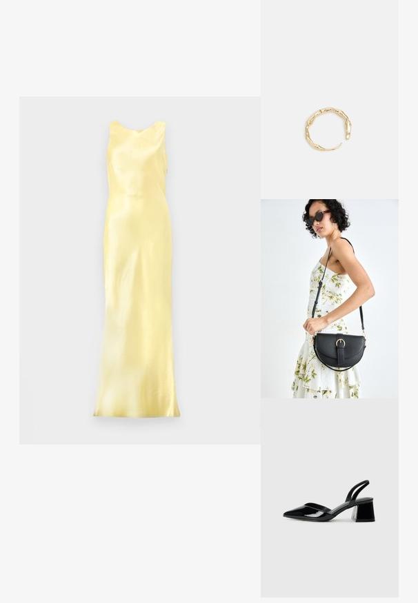 Satin rumena večerna obleka brez rokavov, z bolj globokim izrezom in oprijetim silhuetom, ki prikazuje gladko, sijočo teksturo.; Črne lakirane slingback pete s koničastim nosom in geometrijsko blokasto peto. Imajo eleganten, minimalističen dizajn in gladko teksturo.; Črna usnjena torbica s ukrivljeno obliko, z odstranljivo naramnico in zlatimi dodatki. Torbica ima pokrov s podrobnostmi v obliki zaponke.; Zlati prstan s organskim, zvitim dizajnom, gladko površino in taperiranimi konci, ki ustvarja modernega, skulpturalnega videza.